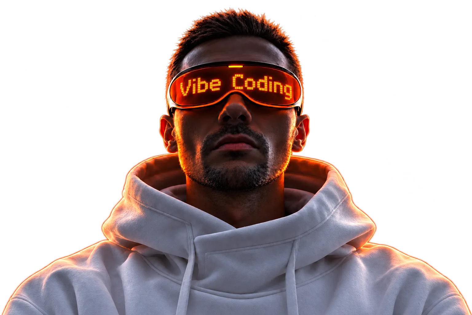 Александр Мартынов в белой худи и очках Vibe Coding с оранжевым свечением